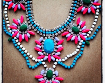Custom Vintage Hand Painted Rhinestone Statement Necklace - Dannijo look