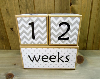 Baby age blocks/Pregnancy countdown blocks/Weeks, months, years, grade/Baby shower gift/gray white/neutral/chevron, polka dots