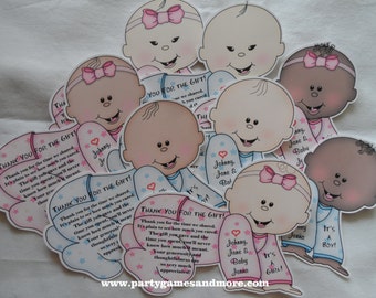 Unique Personalized Baby Shower Thank You Cards, Baby shaped Pink or Blue