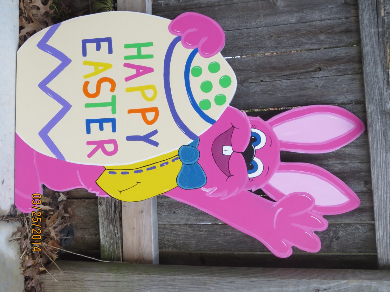 Happy Easter Waving Bunny Outdoor Wood Sign by ChartinisYardArt
