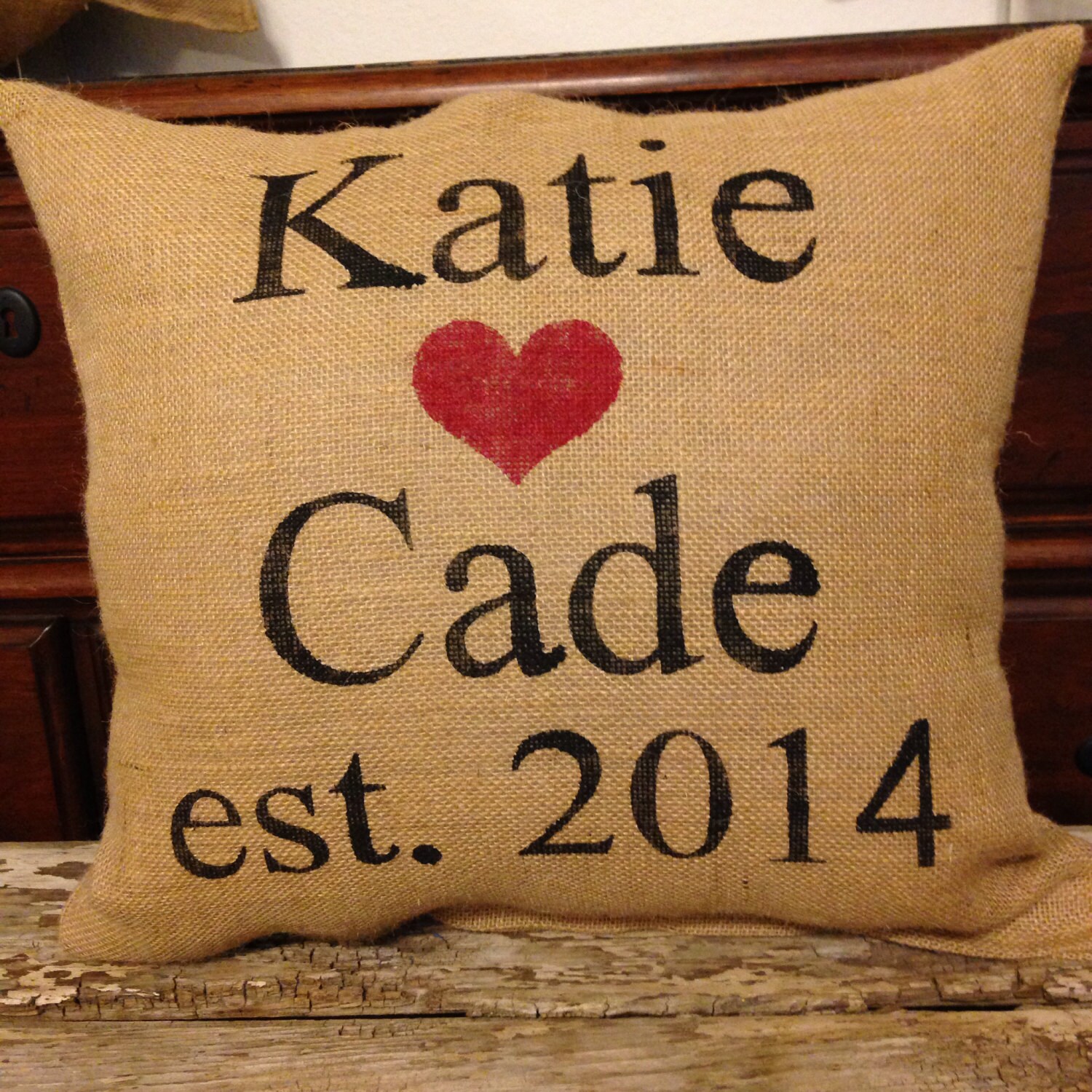 Personalized burlap pillow for wedding or anniversary