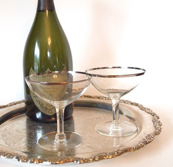 Vintage Hand Blown Crystal Champagne Coupe Glasses with Silver