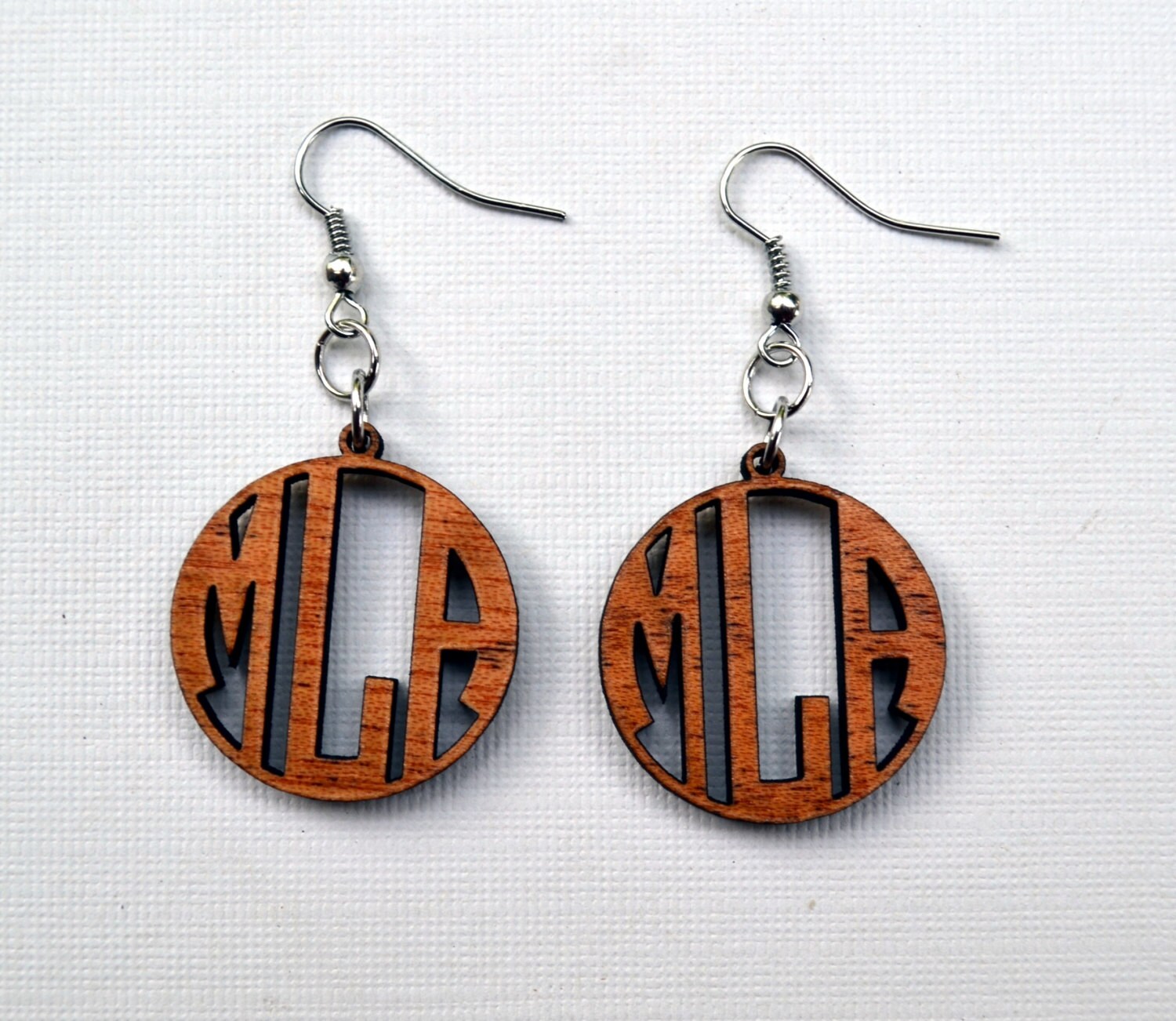 Monogram Wood Earrings. Laser cut Mahogany by JohnLeslieStudios