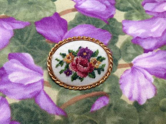 Items similar to Vintage Petit Point Embroidered Oval Flower Brooch on Etsy