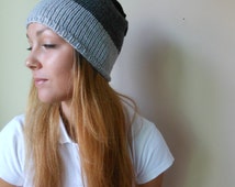 Hand Knit Slouchy Beanie Hat Acrylic Grey Dark Grey and Black - il_214x170.645790809_ljae