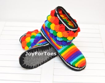 Crochet Shoes Slippers Rainbow Bubbles Custom Made Adult Crochet Slippers Multi color