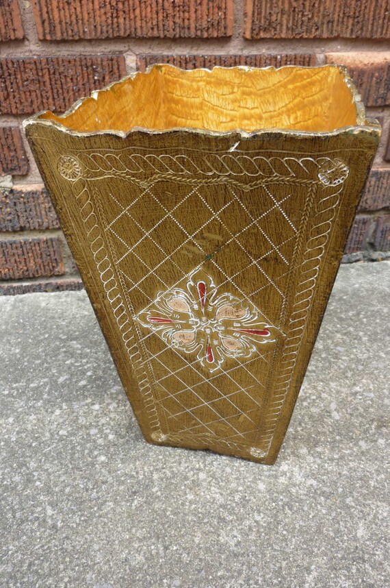 Vintage Florentine Waste Paper Basket Painted Wood by ZoomVintage