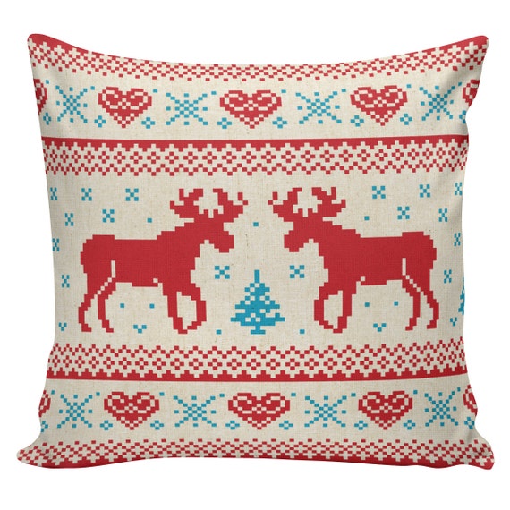 Items similar to Christmas Pillow Throw Pillow Cover French Vintage Red Scandanavian Deer ...