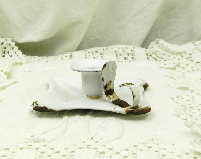 Antique French Chippy White Enamel Candle Holder / French Country Decor / Shabby Chic / Retro Home / Fleamarket / Candlestick / Bedroom