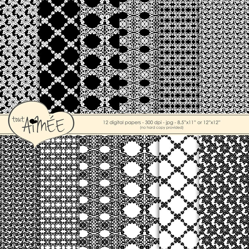 Black and White Damask Digital Scrapbook Paper Printable