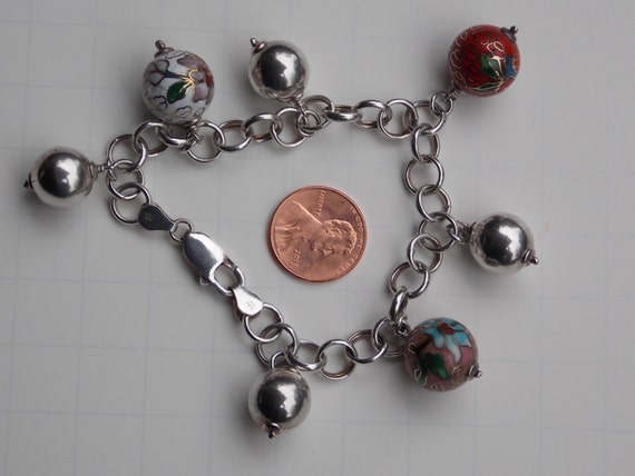 Vintage Sterling Silver Link Bracelet with Cloisonne and Sterling ...