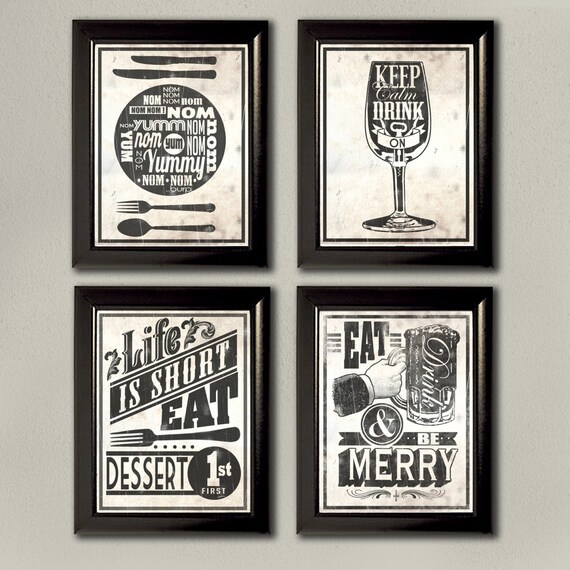 Kitchen Typography Wall Art Prints, 4 Set! Keep Calm