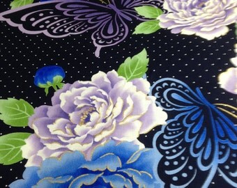 SALE ! Fat quarter cotton fabric / Japanese fashion : dark blue , peony , butterfly , kawaii , gorgeous , / width 50 cm length 50 cm