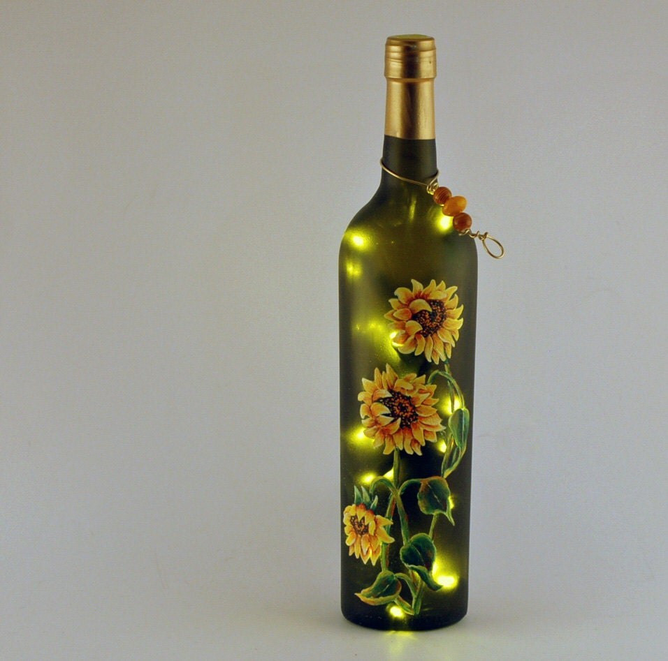 Wine bottle luminary hand painted yellow sunflowers bottle