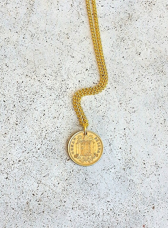 Vintage ESPANA SPAIN Spanish NECKLACE Foreign gold tone coin