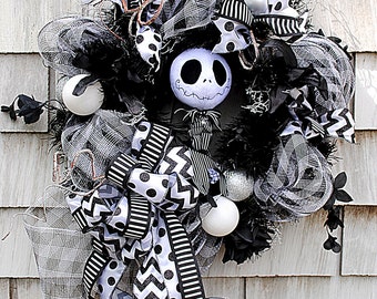 Nightmare Before Christmas Wreath, Jack Skellington Wreath, Black and White Stripes, Skeleton Wreath