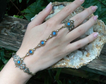 Blue Swarovski slave bracelet Renaissance hand chain hand flower slave ring bohemian Mothers day in victorian moon goddess pagan gypsy style