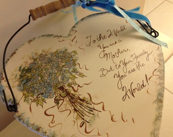 Wire Heart Basket with Wire and Wood Handle - Wood Top Painted in Acrylics for Mother's Day
