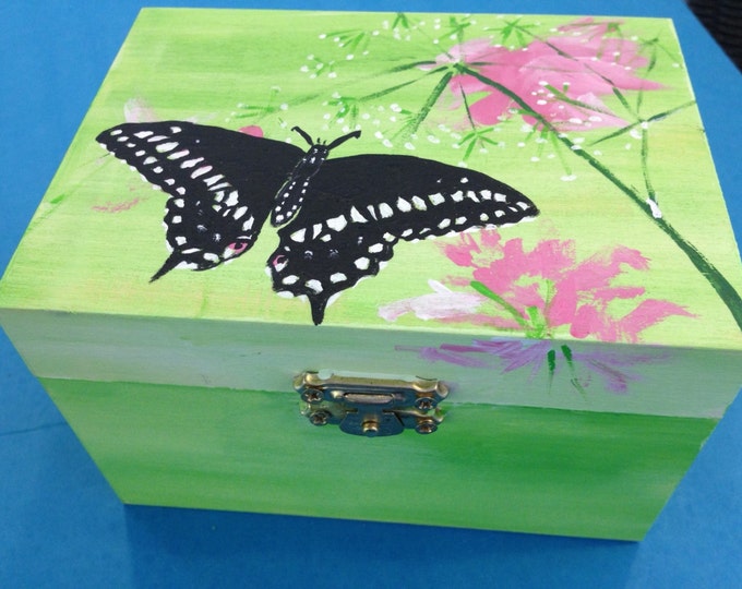 Solid Wood Box with Hinges and Latch - Acrylic Painted Butterfly and Flowers on Top