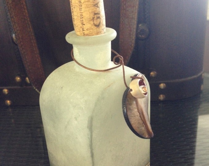 Painted Frosted Glass Bottle with Cork - painted seashells along the bottom and shells/wire around the neck