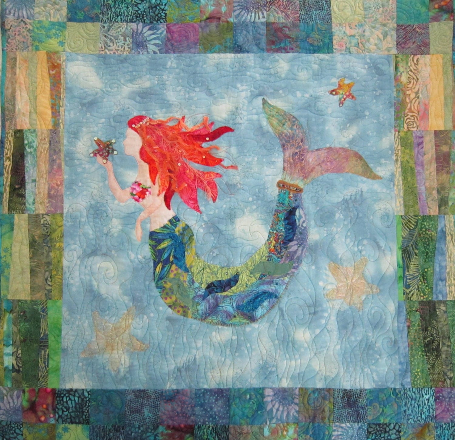 The Mermaid raw edge applique and pieced wall quilt pattern