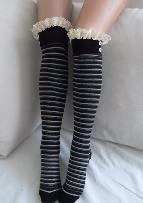 Navy blue Stripe Socks Boot socks leg warmers lace trim and