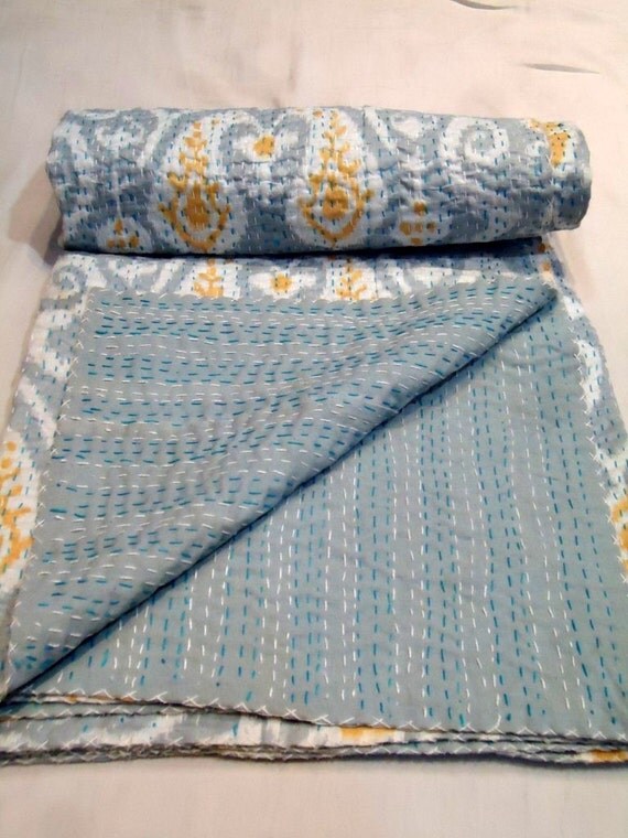 Kantha Handmade Reversible Bed cover Indian ikat Quilt Ralli Throw