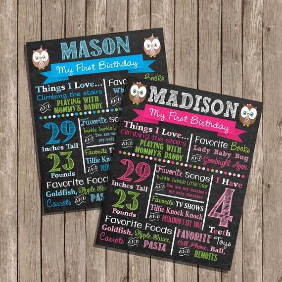 Owl Birthday Chalkboard Custom Color Printable Poster Look