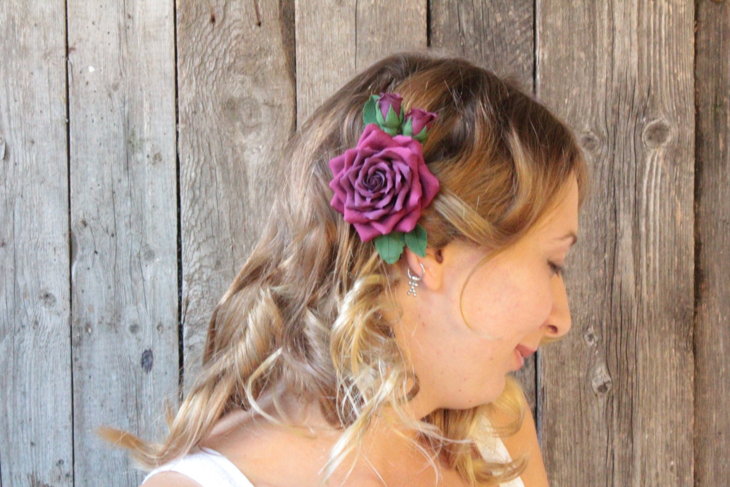 Hair clip polymer clay flower. Burgundy rose with buds.