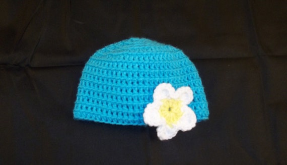 3 to 6 Months Sized Crochet Turquoise Hat with White Flower - Crochet Baby Hat Blue