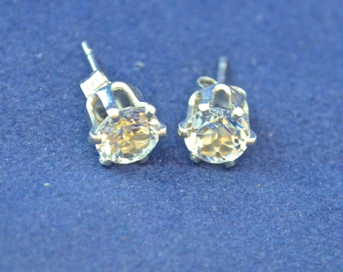 White Topaz Stud Earrings, 6mm Round, Natural, Set in Sterling Silver E541