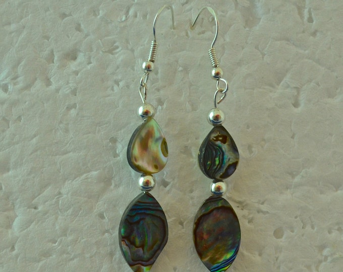 Paua Shell Earrings, 2.5 Inches Long, Natural, Sterling Silver French Hook E572