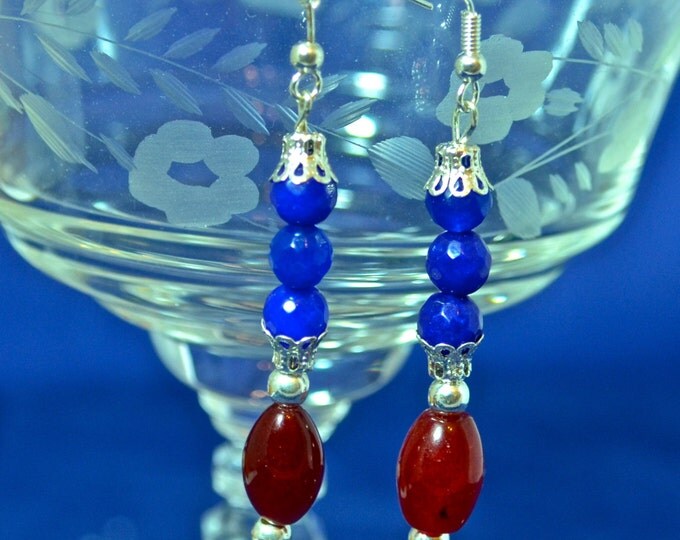 Sapphire/Ruby Earrings, 2.5" Long, Natural, Sterling Silver French Hoops E583