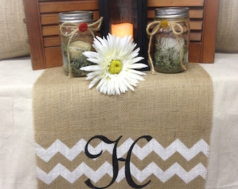 Burlap Table Runner 12", 14" or 15" wide with monogram & chevron