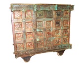 Antique INdian Manjoosh Wine CHest Carved Teak Original Patina Sideboard Cabinet Chest horses elephants peacocks