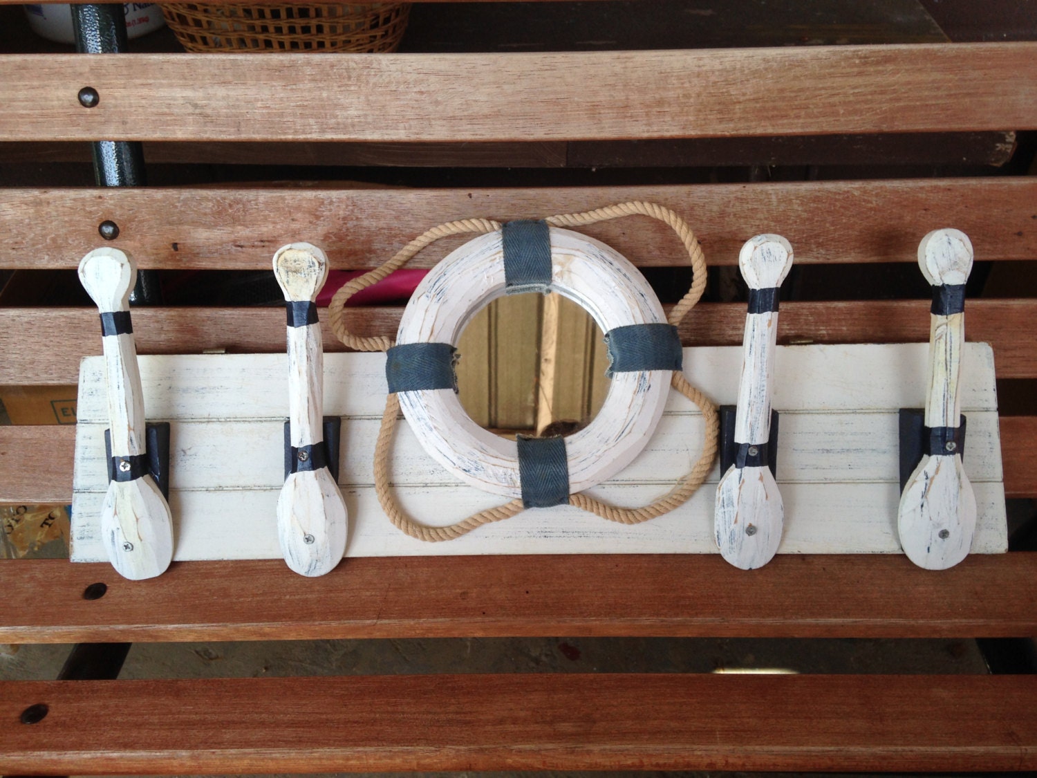Nautical Peg Rack & Mirror Boat Oar Coat Hooks Foyer Wall