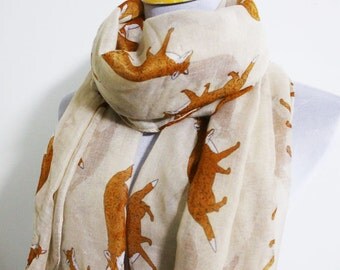 Beige Fox Scarf, Animal Printed Scarf, Small Fox Scarf, Autumn Scarf, Best Scarf, Chunky Scarf, Circle Scarf, Fall Scarf, Scarf Gift