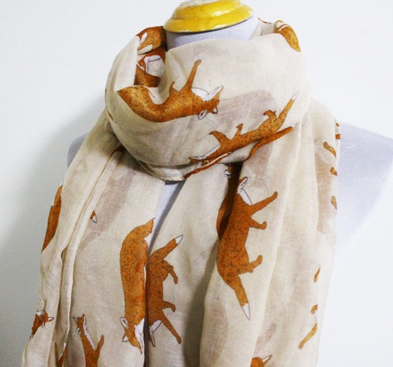 Beige Fox Scarf, Animal Printed Scarf, Small Fox Scarf, Autumn Scarf, Best Scarf, Chunky Scarf, Circle Scarf, Fall Scarf, Scarf Gift