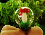 Toadstool / Mushroom felt miniature in a glass globe ring
