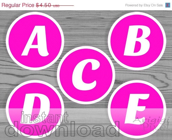 WEEKEND SALE 50% OFF hot pink alphabet circle, white letters, printable, 3 1/5 in, pink-white letter circle for personalised party banner, i Il_570xn