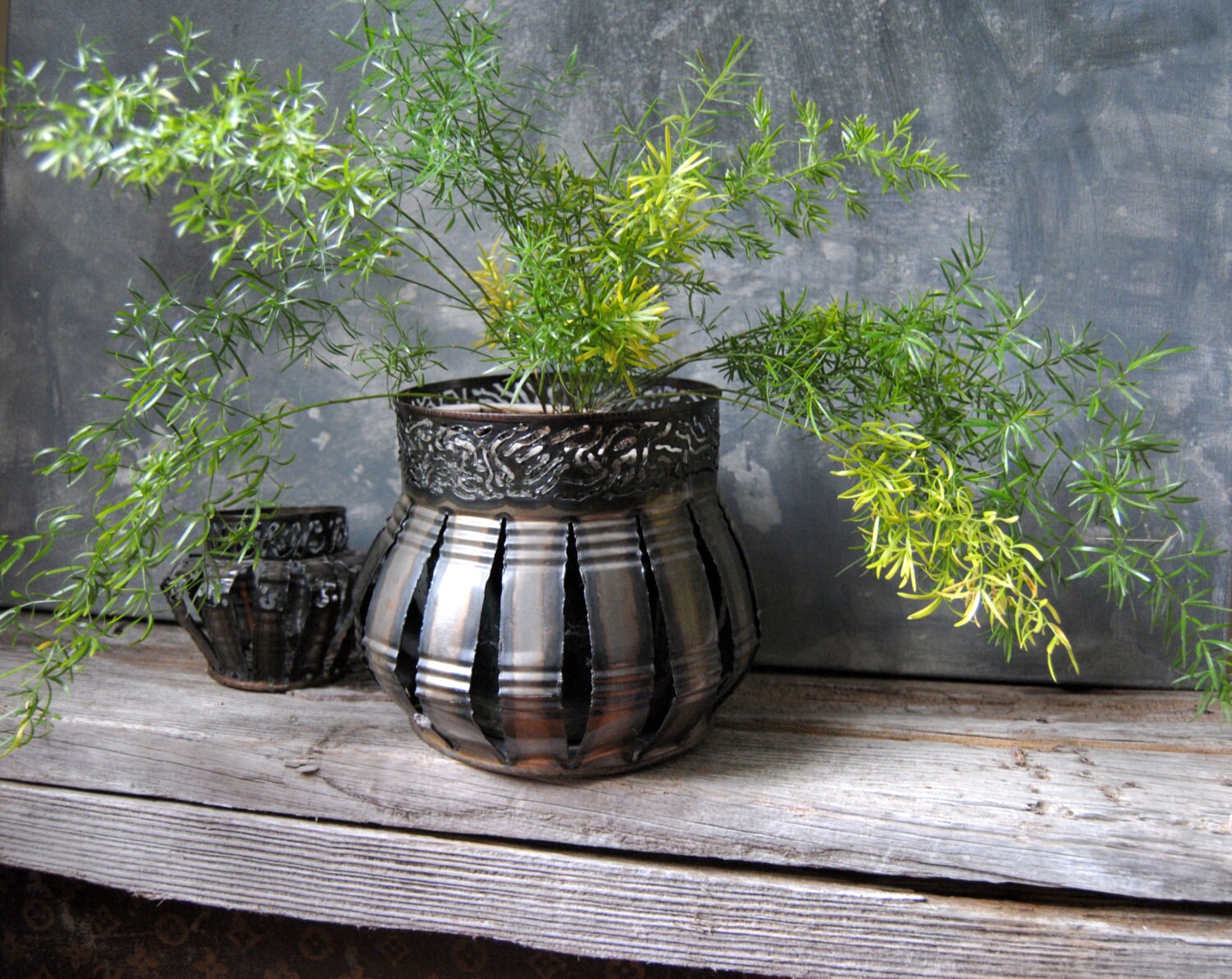 Tramp Art Vintage Tin Can Folk Art Metal Planter