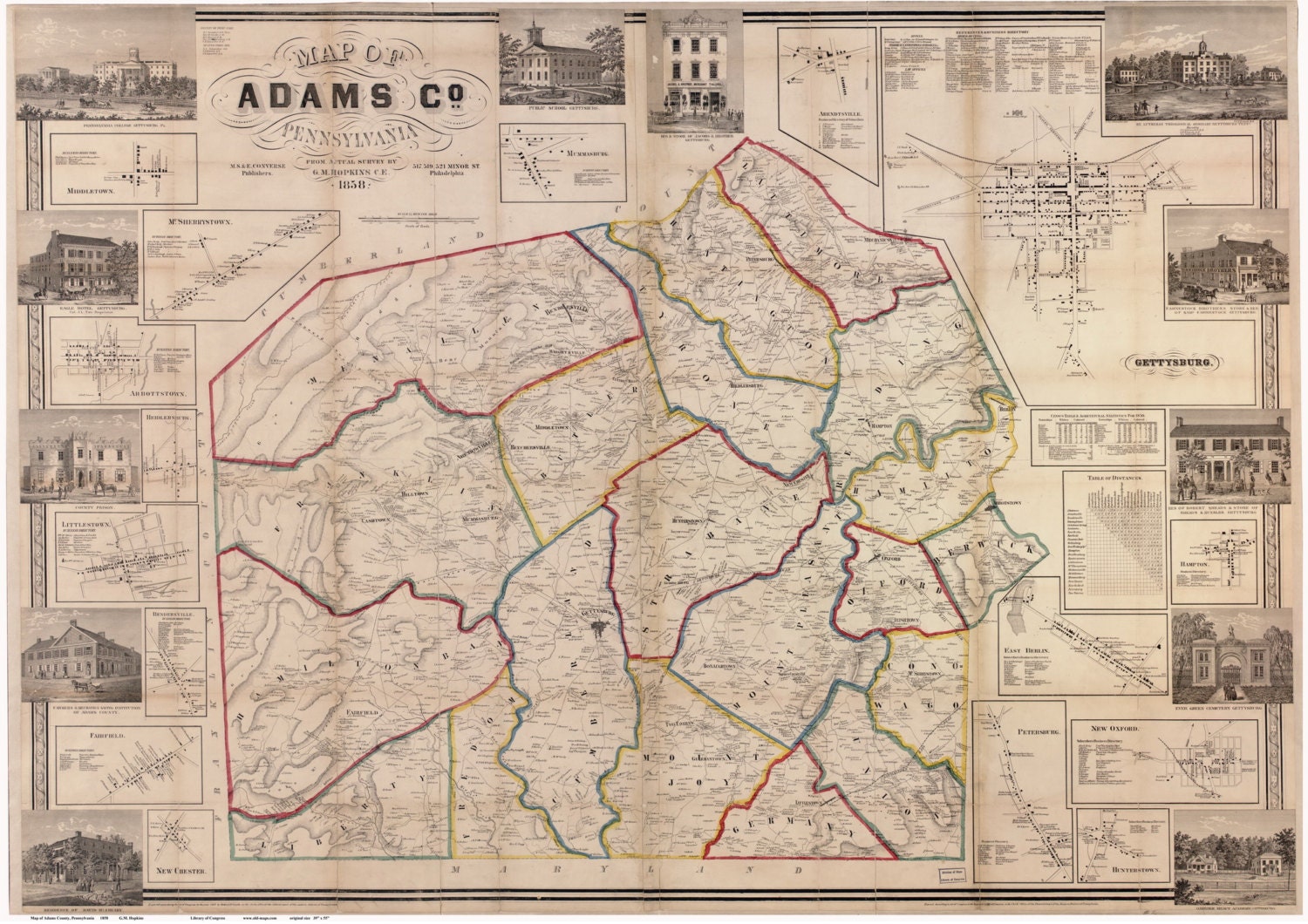 Adams County Pennsylvania 1858 Old Wall Map with Homeowner