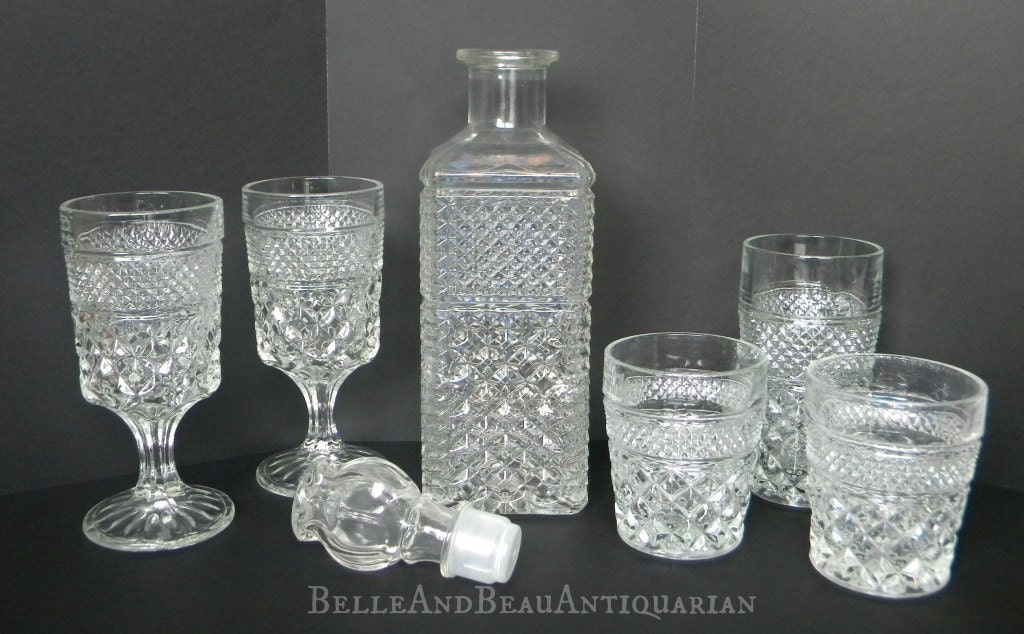 Pressed Glass Decanter Set w Glassware Cape Cod Imperial