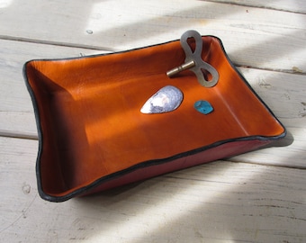 Leather Tray. Hand Formed and Dyed Tan and Red Leather Desk Valet. 3rd Anniversary Gift.