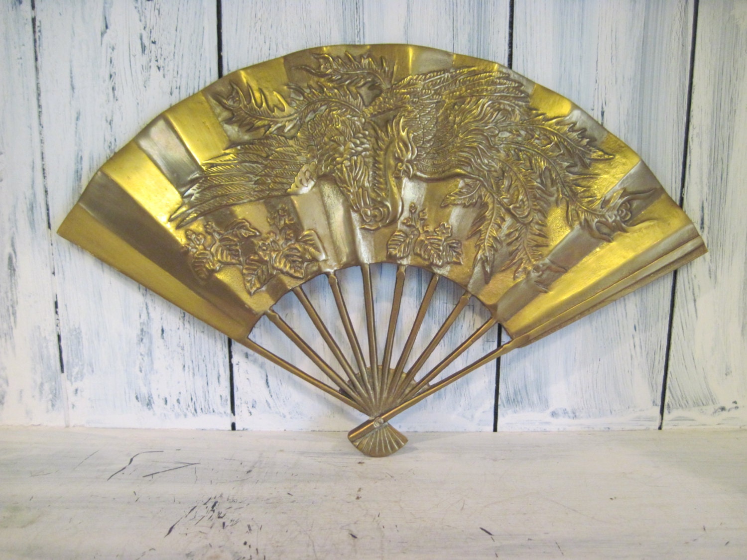 Vintage brass hand fan wall hanging with cameo phoenix