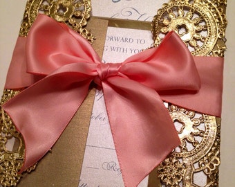 DEPOSIT - Metallic Doilies Wedding Invitation Suite with Ribbon Bow