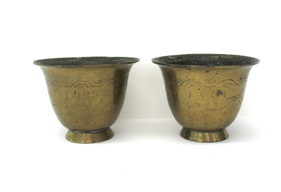 Vintage Brass vintage cups  Etched Cups  Brass Chinese Engraved Asian Marked Brass brass