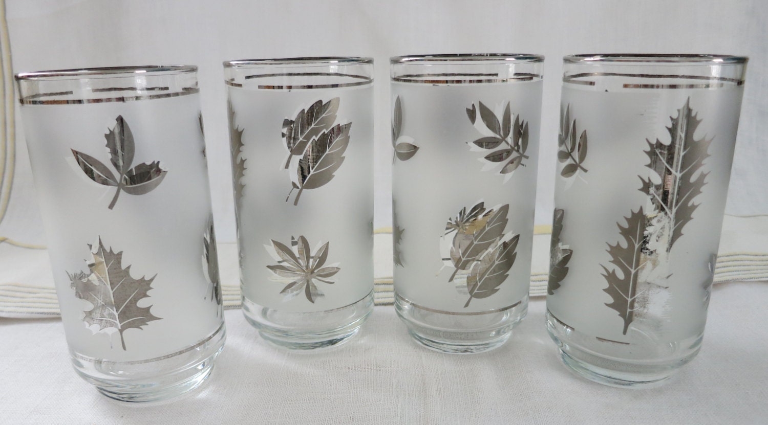 Vintage Libby Frosted Silver Leaf Tumblers Set of 4 Glasses
