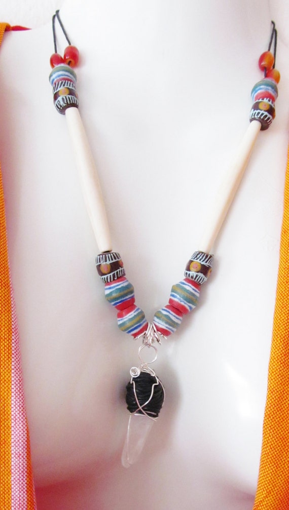 Healing Chrystal quartz -carved bone - trade beads - African style necklace