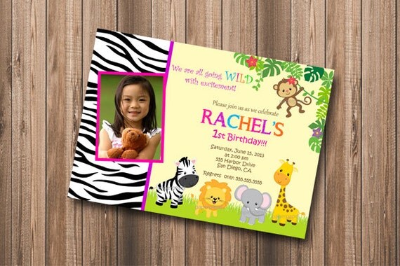 Jungle Birthday Invitation Zoo Safari Giraffe Monkey Zebra Lion Elephant Girl - DIY Personalized Printable Invitation Il_570xn